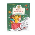 "Bald ist Weihnachten Ausmalbuch" von Tobias Goldfarb. Illustrationen: Ein fröhlicher Drache in einem Geschenkpaket, umgeben von Sternen.