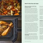 Oben rechts steht: „How To Use Your Air Fryer“. Zwei Fächer eines Airfryers: eins mit Hühnchen, eins mit Gemüse.