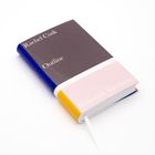 "Rachel Cusk, Outline, Bibliothek Suhrkamp." Ein Buch mit farbigen Streifen in Braun, Rosa, Gelb und Blau.