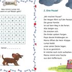 Rätselgitter mit einem Text, der über Lumpis Reiseutensilien fragt. Rechts Gedicht mit Titel "2. Eine Pause!" und bunter Illustration.