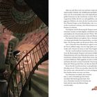 Text über das Verschwinden von Leuchtturmwärtern. Illustration: Männer auf einer Wendeltreppe mit Laterne. Unten Notizbuch, Uhr.