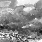 Text: "Teil 1 ELIZA." Illustration eines stürmischen Himmels über einer Küste mit Vögeln und einer kleinen Stadt.