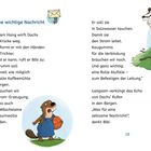 "4. Eine wichtige Nachricht" steht über einem Text. Ein Dachs spricht laut, während ein Biber in Latzhose mit Ball guckt.