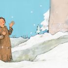 „Oh helft”, rief er in seiner Not. Ein Junge in einem schneebedeckten Wald, andere Personen stehen in einem Torbogen.