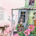 Text über Noah, Gott und die Arche. Aquarell von Haus mit Personen, Tieren und vielen Blumen im Vordergrund.