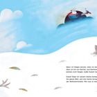 Text über ein Rentier, das fliegen möchte. Illustration: Schneelandschaft, Rentier im Schlitten, Hase, Wolken am Himmel.