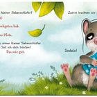 Illustration: Ein kleiner Siebenschläfer mit tränenreichen Augen hält ein blaues Tuch, daneben ein besorgtes, gelbes Tier.