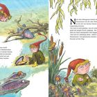 Text: Der kleine Wassermann streift vergnügt, Nach dem Mittagessen klettert...

Illustration eines Wassermanns mit Fischen und Fröschen.