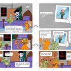 Ein Junge in einem unordentlichen Raum mit einem lila Bett, steht neben einem grünen Drachen und einer orangefarbenen Katze. Er hält ein Foto hoch, auf dem ein Polizist mit einer Gipsbeinkappe zu sehen ist. Der Drache und die Katze reagieren mit Überraschung und Diskussionen.