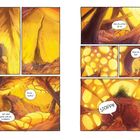 Texte: „Das da vorne ist er“, „Es ist … warm?“, „Wir sind ganz nah am Lichtkern“, „Kest ist hier“, „STOPP!!“. Zwei Figuren in einem gelben, leuchtenden Höhlenraum.