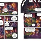 Text in Sprechblasen zwischen zwei Figuren in einem Wald. Bäume leuchten, eine Figur hält eine Laterne.