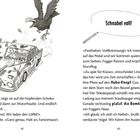 Auf der linken Seite rennt ein Auto, verfolgt von einem Vogel. Oben steht "Schnabel voll!" und rechts Text über eine Verfolgungsjagd.