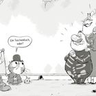 Sprechblase: "Ein Taschentuch, oder?" Eine Katze mit Zylinder bietet einem Paar ein Taschentuch an.