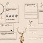 Textfelder mit Fragen: "Dein Name", "Dein Element?", "Das mache ich am liebsten bei einem Waldspaziergang". Illustrationen: Hirsch, Bäume, Blumen.