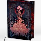 Text: "Ohne Schutzumschlag". Illustration: Frau mit rosa Haaren, Vollmond, Flammen, umgeben von Bäumen und dunklem Hintergrund.