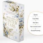 "Beneath Winter Stars", "Fünf Cozy Romantasy Stories". Florale Verzierung in Blau und Gold. Rechts: Themen wie "Cozy Vibes".
