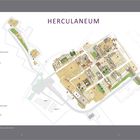 Titel: "HERCULANEUM". Liste links mit Namen von Gebäuden und Orten. Kartenabbildung der archäologischen Stätte.