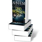 "Und morgen du" von Stefan Ahnhem; Kriminalroman, Verlag Ullstein. Stapel von Büchern mit Abbildung einer Küstenlandschaft.