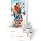 Drei Bücherstapel mit Titel "FALL IN Love", Autorin Romana Stauffer. Illustration: Ein Paar vor winterlicher Landschaft.