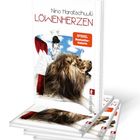 Buchtitel "LÖWENHERZEN" von Nino Haratischwili; Cover zeigt einen Löwen und eine Frau mit Flügeln vor einem blauen Himmel.