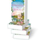 Amelia Martin, "Schwestern des Himalaya", Roman. Ein Stapel bunter Bücher mit einem idyllischen Gebäudemotiv.
