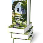 Text: "Wolfs sommer auf Wigø" von Catrin Ormestad. Roman. Cover zeigt ein kleines Haus in grüner Landschaft.