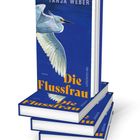 "Die Flussfrau" von Tanja Weber, Roman. Ein weißer Vogel auf blauem Hintergrund, Buchstapel.
