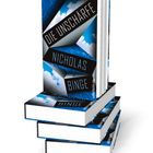 "DIE UNSCHÄRFE" sowie "NICHOLAS BINGE" auf einem Buchcover. Stapel von mehreren Büchern, Himmel und Wolken im Hintergrund.