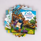 Texte: "EIN HAUS FÜR FAMILIE MAUS", "pixi BÜCHER". Cover-Illustration von Tieren auf einer Baustelle.
