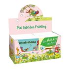 "Pixi liebt den Frühling" steht oben. Darunter ein Kinderillustration mit fröhlichen Tieren und blühenden Blumen.