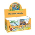Eine Displaybox mit der Aufschrift "Pixi auf der Baustelle", zeigt illustrierte Tiere auf einer Baustelle.