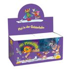 "Pixi in der Geisterbahn" steht auf lila Hintergrund mit fröhlichen Figuren: ein Hase, eine Katze und ein kleines Monster.