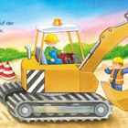 Text: "Brumm, brumm! Der Bagger hat auf der Baustelle viel zu tun." Illustration eines Baggers und spielender Kinder.