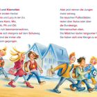 Text über Freundschaften und Interessen von Kindern einer Schulklasse. Illustration zeigt fröhliche Kinder auf dem Schulweg.