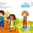 Texte beschreiben ein Gespräch über Kochersatz; Toni wird traurig, weint. Maus sagt, Weinen zeigt Tröstebedarf. Kinder und Mann.