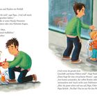 Zwei Kinder und ein Erwachsener stehen vor einem Schaufenster mit Notinsel-Sticker. Der Erwachsene gibt Anweisungen.