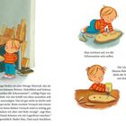 In einer Werkstatt basteln Papa und Max. Sie schneiden Holz, bohren Löcher, und Max zeichnet Schornsteine auf.