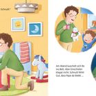 Text: Bo ist müde und sucht Schnulli. Papa hilft, bringt Kakao. Am Abend kuscheln sie im Bett. Illustration zeigt Vater und Kind.