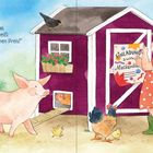 „Einladung zum Maskenball“ steht an der Tür. Ein Mädchen in rotem Kleid hängt das Schild auf, ein Schwein schaut zu.