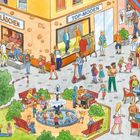 Texte: "In der Fußgängerzone fahren keine Autos...", "BUCHLÄDCHEN", "TOP-MODEN". Illustration einer belebten Einkaufsstraße mit Cafés und Menschen.