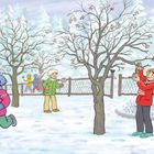 Illustration von Kindern im Schnee, die Vögel füttern, mit bunten Winterkleidern und kahlen Bäumen im Hintergrund.