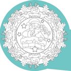 Keine Texte vorhanden. Weihnachtsmandala mit Weihnachtsmann, Rentieren, Sternen und Zuckerstangen auf türkisfarbenem Hintergrund.