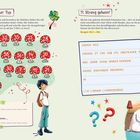 10. Ziemlich cooler Typ. Ordne alle Zahlen der Siebener-Reihe.  
11. Streng geheim! Beispiel: HCZ = IDA.  
Illustration: Junge, Pilze, Bär und Kind.