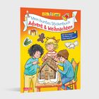 Text: "Hurra, es hat geschneit!...", "Klebst du auch ein paar Schneebälle auf?" Kinder spielen im Schnee, Schlitten, Schneemann.