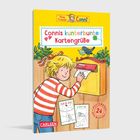 „Connis kunterbunte Kartengrüße“. Kind in rot-weiß gestreiftem Pulli wirft Karte in gelben Briefkasten.