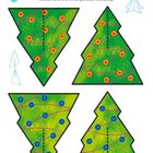 "Tannenbäume. Diese immergrünen Bäumchen lassen sich einfach zusammenstecken. Schneide nur so weit, wie die gestrichelte Linie anzeigt."

Illustration von vier grünen Tannenbaumformen mit farbigen Ornamenten.