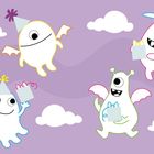 Illustration von vier fröhlichen, bunten Monstern mit Partyhüten und Geschenken in Händen. Lila Hintergrund und Wolken.