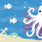 Illustration: Ein fröhlicher Tintenfisch mit lila Punkten, drei kleine Fische, ein Anker und eine Muschel auf sandigem Grund.