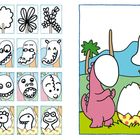 Mehrere einfache Zeichnungen von Gesichtern und Bäumen. Rechts zwei Dinosaurier und ein großes Ei.