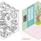 Entspanne dich unter dem Kirschbaum mit einem süßen Kuchen... Kirschbaum-Café. Illustration mit Katzen und Teeservice.